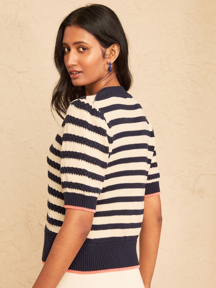 Love & Roses Dark Blue And Ivory Striped Cotton Rich Knitted Cardigan With Starfish Button Detail - Image 4 of 4