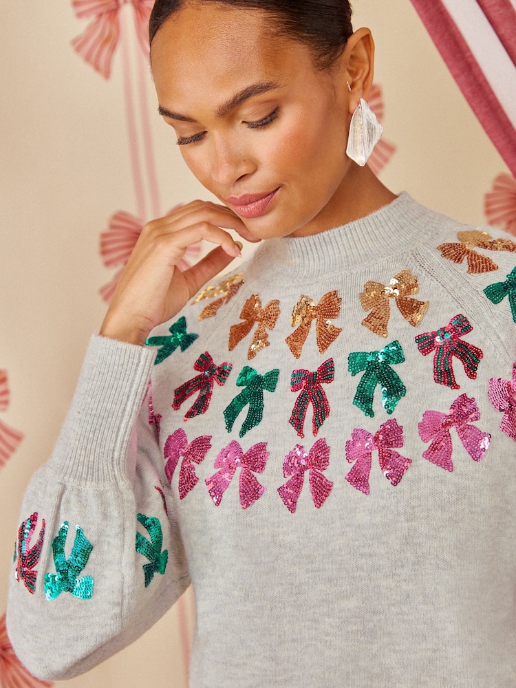 Love & Roses X Kate Fox Grey Sequin Bow Detail High Neck Knitted Jumper - Image 2 of 5