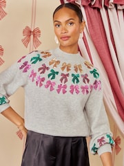 Love & Roses X Kate Fox Grey Sequin Bow Detail High Neck Knitted Jumper - Image 4 of 5