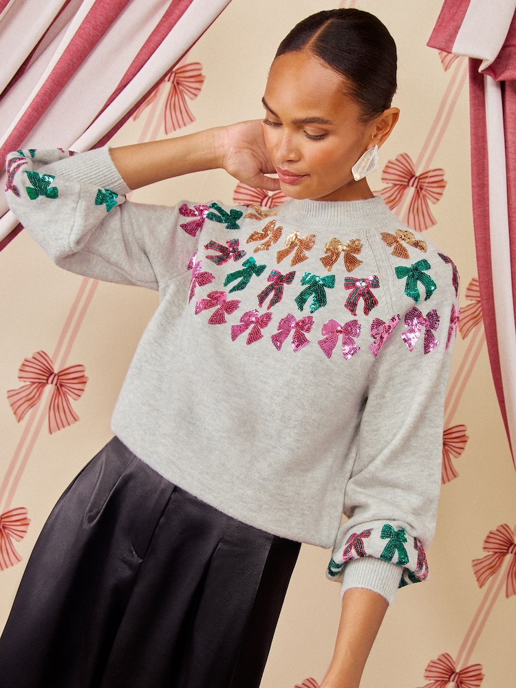 Love & Roses X Kate Fox Grey Sequin Bow Detail High Neck Knitted Jumper - Image 5 of 5