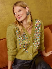 Love & Roses Lime Green Multicolored Sequin Detail V-Neck Cosy Knitted Cardigan - Image 1 of 5