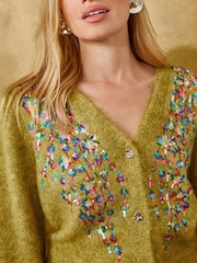 Love & Roses Lime Green Multicolored Sequin Detail V-Neck Cosy Knitted Cardigan - Image 2 of 5