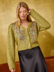 Love & Roses Lime Green Multicolored Sequin Detail V-Neck Cosy Knitted Cardigan - Image 4 of 5