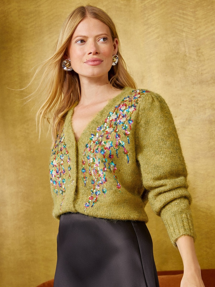 Love & Roses Lime Green Multicolored Sequin Detail V-Neck Cosy Knitted Cardigan - Image 5 of 5