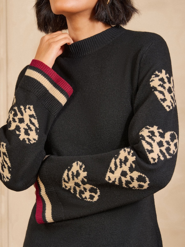 Love & Roses Black Petite Leopard Heart Sleeve High Neck Knitted Mini Dress - Image 2 of 5