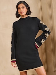 Love & Roses Black Petite Leopard Heart Sleeve High Neck Knitted Mini Dress - Image 4 of 5