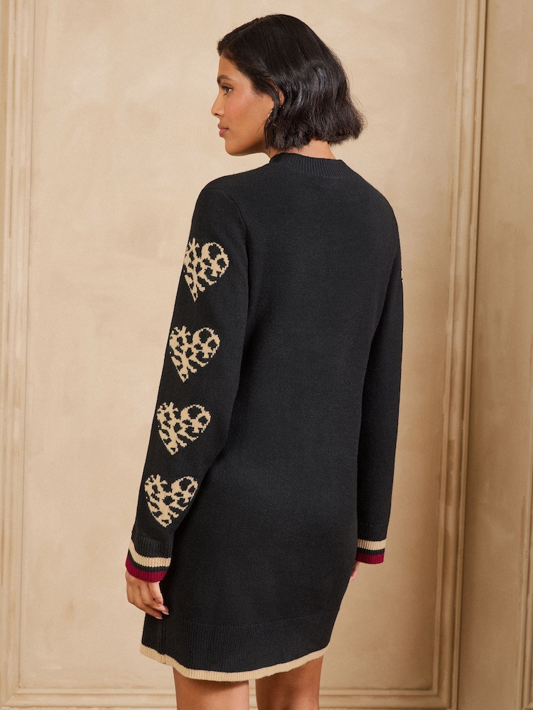 Love & Roses Black Petite Leopard Heart Sleeve High Neck Knitted Mini Dress - Image 5 of 5