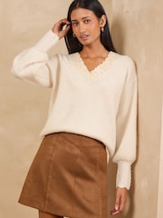 Love & Roses Ivory V-Neck Cosy Knitted Jumper - Image 1 of 4