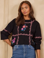 Love & Roses Black Floral Detail Crew Neck Cosy Knitted Jumper - Image 1 of 5