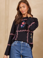 Love & Roses Black Floral Detail Crew Neck Cosy Knitted Jumper - Image 3 of 5