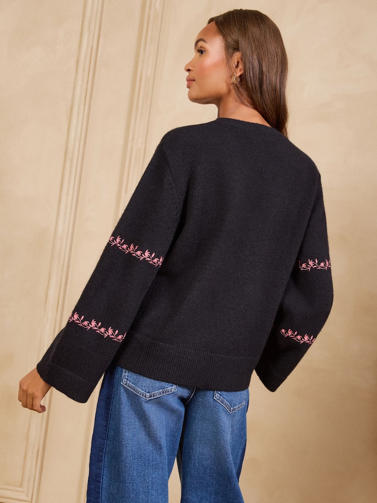 Love & Roses Black Floral Detail Crew Neck Cosy Knitted Jumper - Image 5 of 5