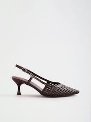 Suklaanruskea - Friends Like These Faux Leather Woven Slingback Mid Heel Court Shoes - Kuva 2 / 5