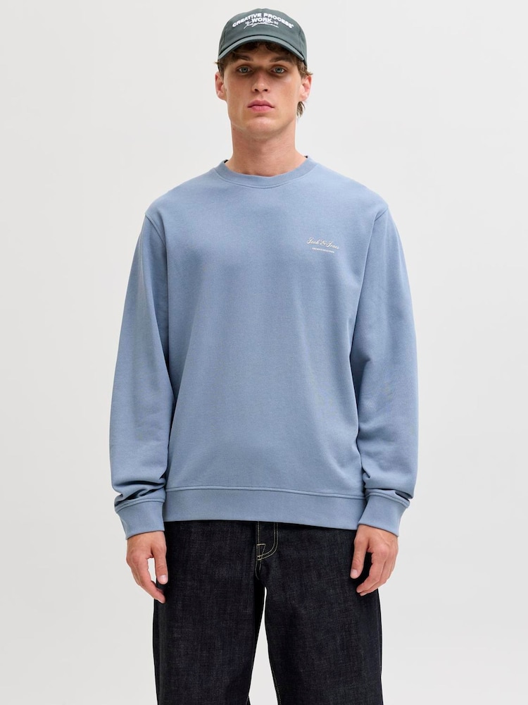 JACK & JONES Blue Graphic Sweat Crew Neck Top - Image 1 of 5 JACK & JONES Blue Graphic Sweat Crew Neck Top - Image 1 of 5