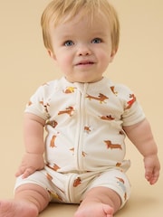MORI Cream Sausage Dog Supersoft Summer Zip Up Romper - Image 1 of 2