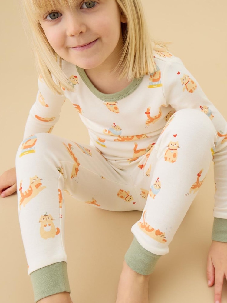 MORI Cream Supersoft Cats Long Sleeve Pyjama Set - Image 1 of 3 MORI Cream Supersoft Cats Long Sleeve Pyjama Set - Image 1 of 3