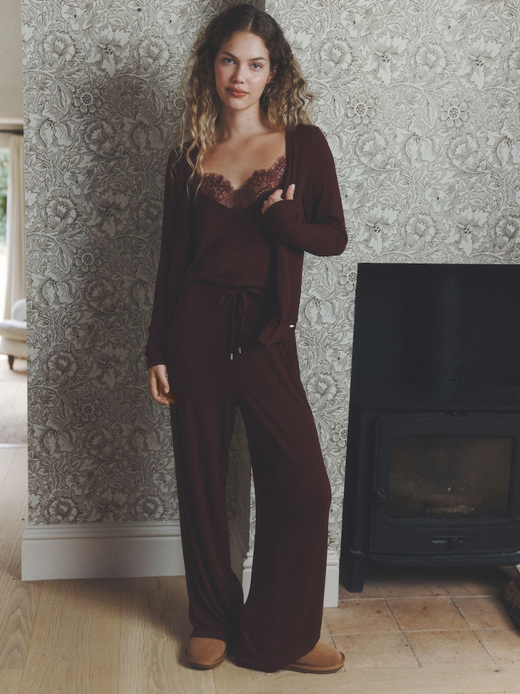 Burgundy Red Lace Ribbed Cardigan Long Sleeve Pyjamas - Image 1 of 10