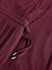 Burgundy Red Lace Ribbed Cardigan Long Sleeve Pyjamas - Image 10 of 10