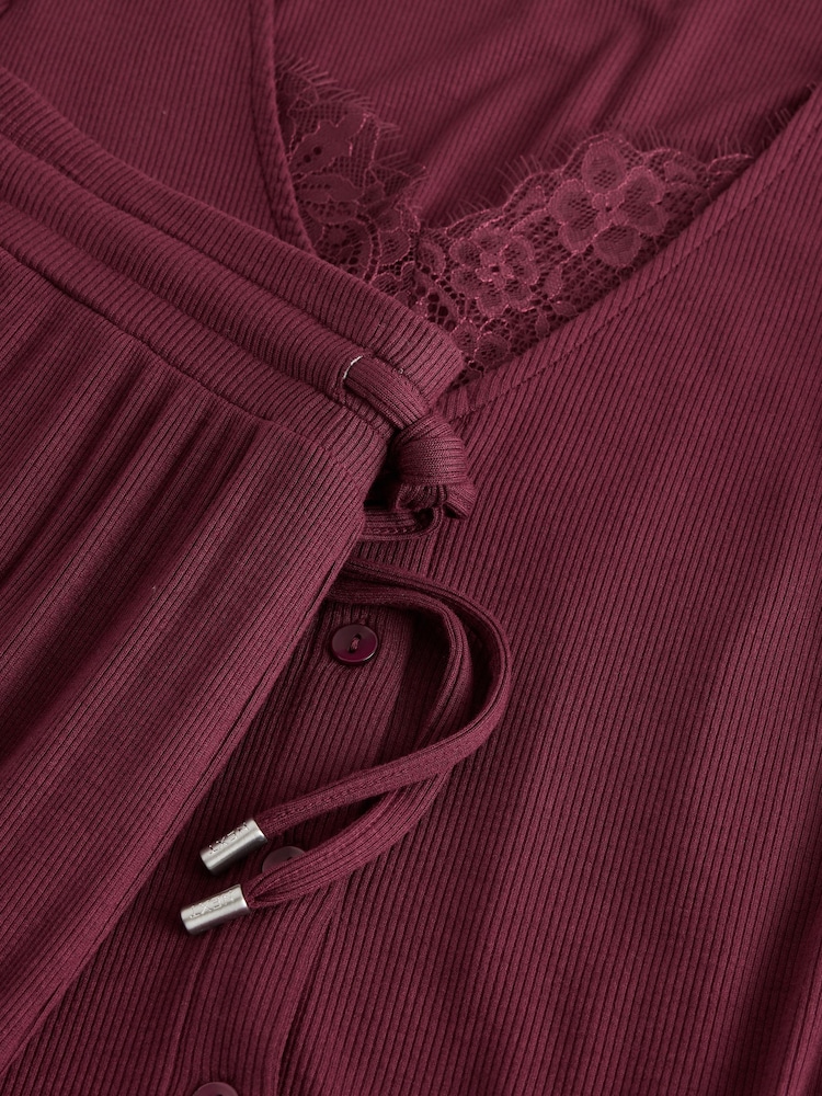 Burgundy Red Lace Ribbed Cardigan Long Sleeve Pyjamas - Image 10 of 10