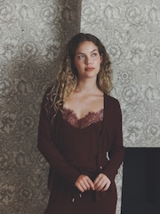Burgundy Red Lace Ribbed Cardigan Long Sleeve Pyjamas - Image 3 of 10