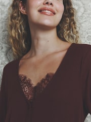 Burgundy Red Lace Ribbed Cardigan Long Sleeve Pyjamas - Image 4 of 10