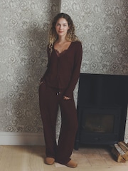 Burgundy Red Lace Ribbed Cardigan Long Sleeve Pyjamas - Image 5 of 10