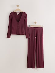 Burgundy Red Lace Ribbed Cardigan Long Sleeve Pyjamas - Image 8 of 10