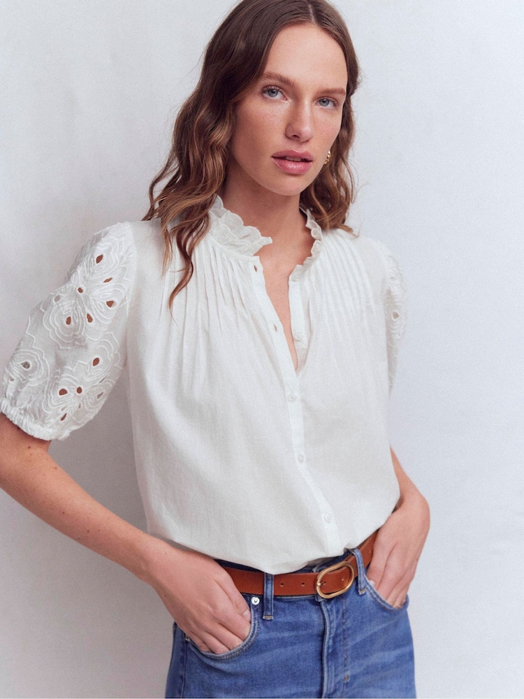Boden White Cutwork Puff Sleeve Top - Image 1 of 6 Boden White Cutwork Puff Sleeve Top - Image 1 of 6