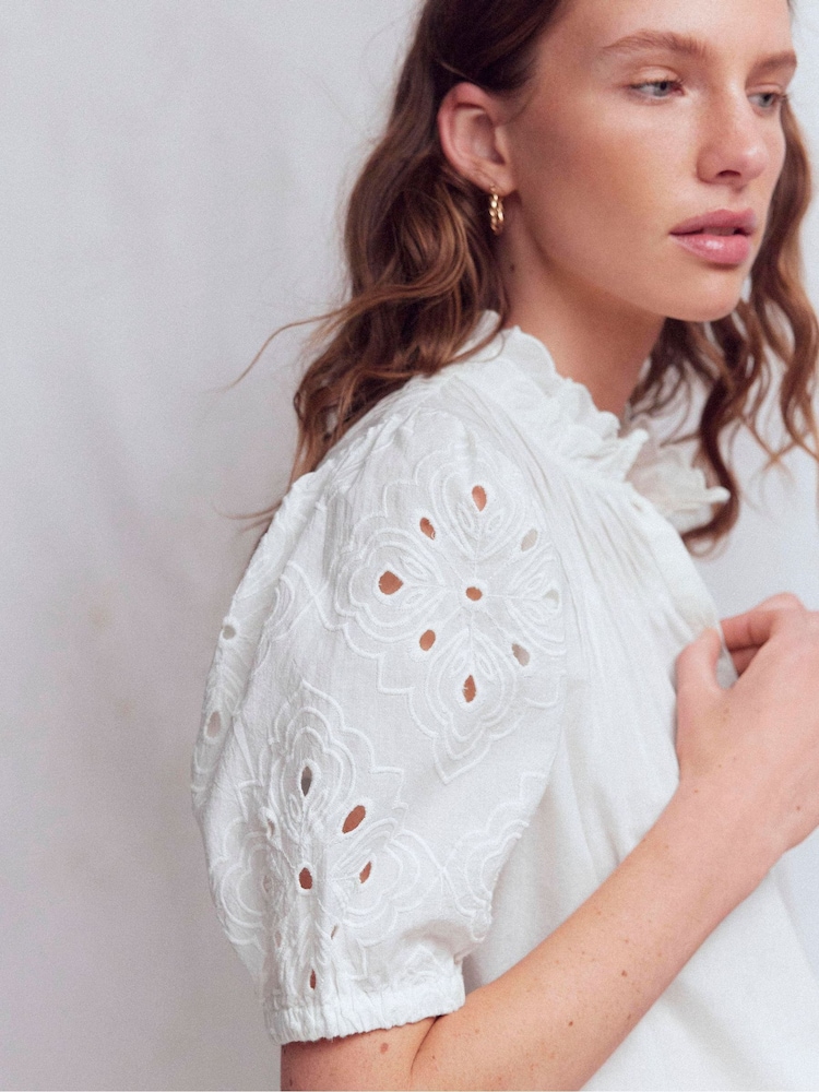 Boden White Cutwork Puff Sleeve Top - Image 2 of 6 Boden White Cutwork Puff Sleeve Top - Image 2 of 6
