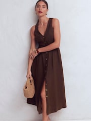 Boden Brown Catherine Button Linen Dress - Image 1 of 5