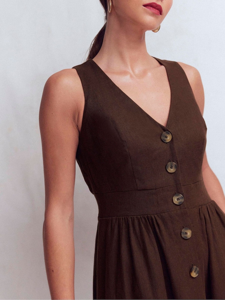 Boden Brown Catherine Button Linen Dress - Image 2 of 5