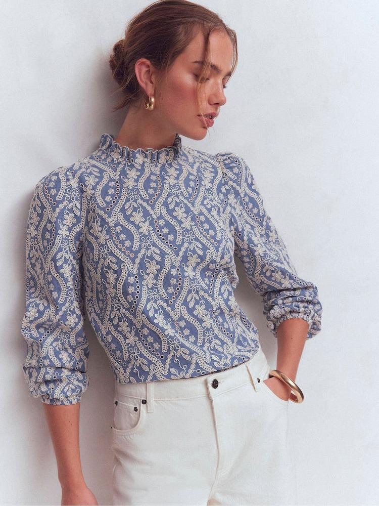 Boden Blue Puff Sleeve Interest Top - Image 1 of 5