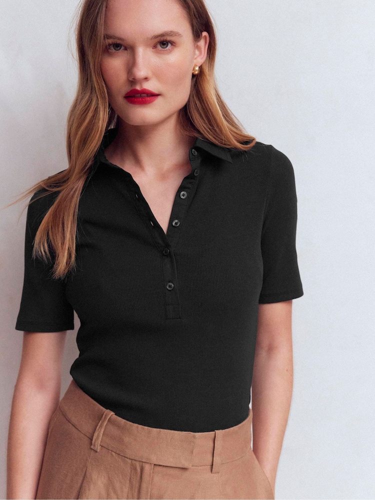 Boden Black Collared Ribbed Henley T-Shirt - Image 1 of 5