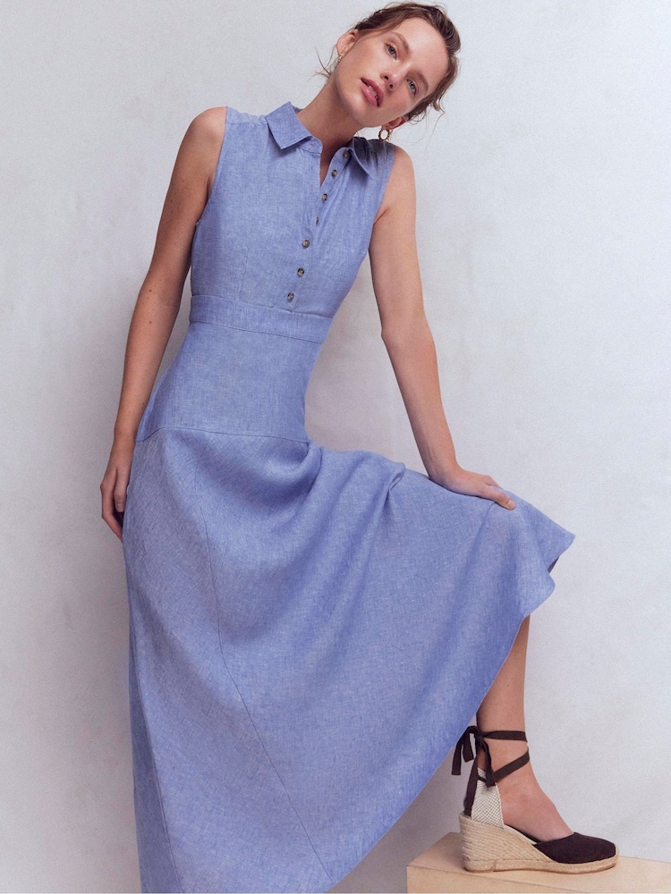 Boden Blue Erma Drop Waist Linen Dress - Image 1 of 5 Boden Blue Erma Drop Waist Linen Dress - Image 1 of 5