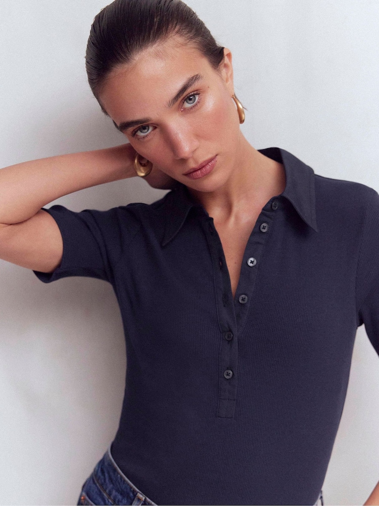 Boden Blue Collared Ribbed Henley T-Shirt - Image 1 of 5 Boden Blue Collared Ribbed Henley T-Shirt - Image 1 of 5