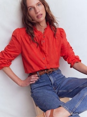 Boden Red Emily Pom Detail Ruffle Shirt - Image 1 of 6