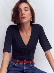 Boden Blue Ruched Detail V-Neck Top - Image 1 of 5