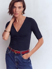 Boden Blue Ruched Detail V-Neck Top - Image 3 of 5