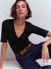Boden Black Ruched Detail V-neck Top - Image 1 of 5