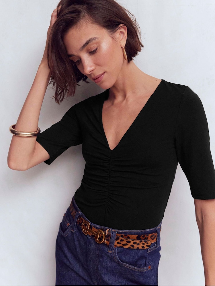 Boden Black Ruched Detail V-neck Top - Image 2 of 5 Boden Black Ruched Detail V-neck Top - Image 2 of 5