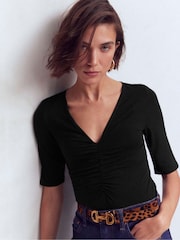 Boden Black Ruched Detail V-neck Top - Image 3 of 5