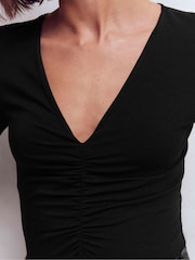 Boden Black Ruched Detail V-neck Top - Image 4 of 5