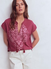 Boden Pink Embroidered Notch T-Shirt - Image 1 of 4
