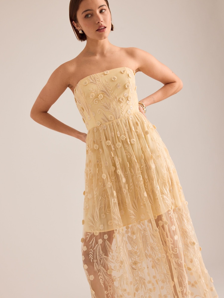 Anthropologie Yellow Jade Bandeau Floral Embroidered Midi Dress - Image 1 of 4 Anthropologie Yellow Jade Bandeau Floral Embroidered Midi Dress - Image 1 of 4