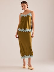 Anthropologie Green Lace Trim Bias Midi Slip Skirt - Image 1 of 4