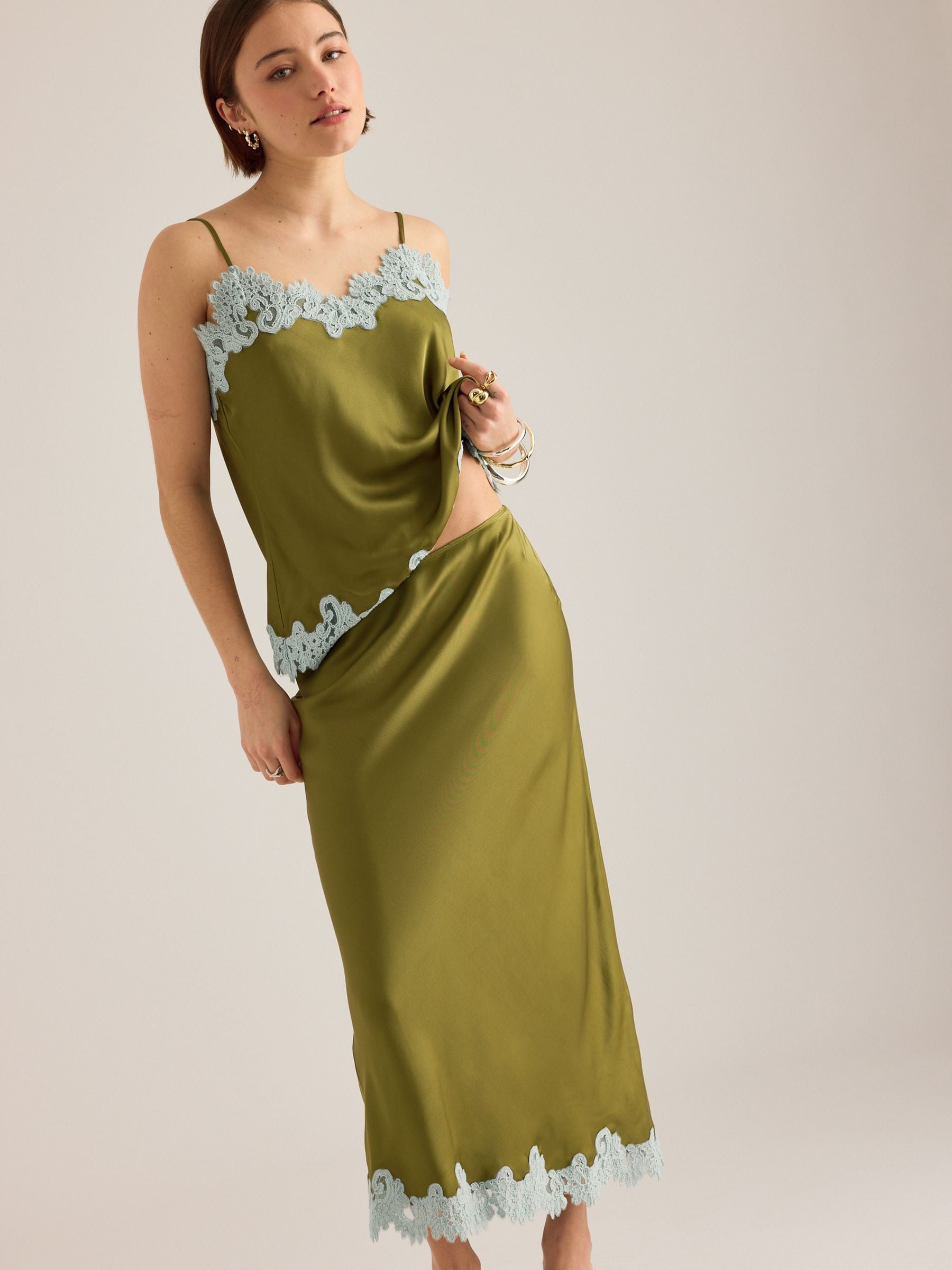 Buy Anthropologie Green Lace Trim Bias Midi Slip Skirt from Next