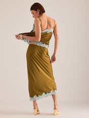 Anthropologie Green Lace Trim Bias Midi Slip Skirt - Image 2 of 4