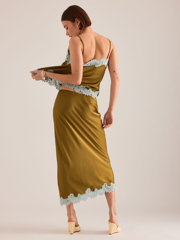 Anthropologie Green Lace Trim Bias Midi Slip Skirt - Image 2 of 4