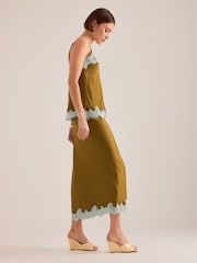 Anthropologie Green Lace Trim Bias Midi Slip Skirt - Image 3 of 4