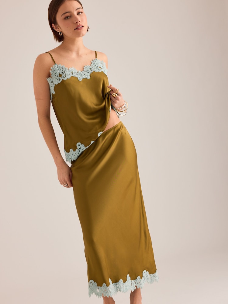 Anthropologie Green Lace Trim Bias Midi Slip Skirt - Image 4 of 4