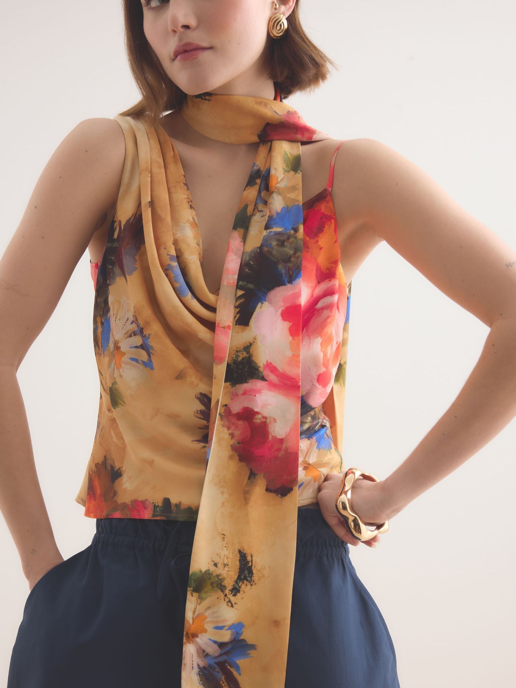 Buy Anthropologie Yellow Floral Printed Scarf Detail Cami Top from